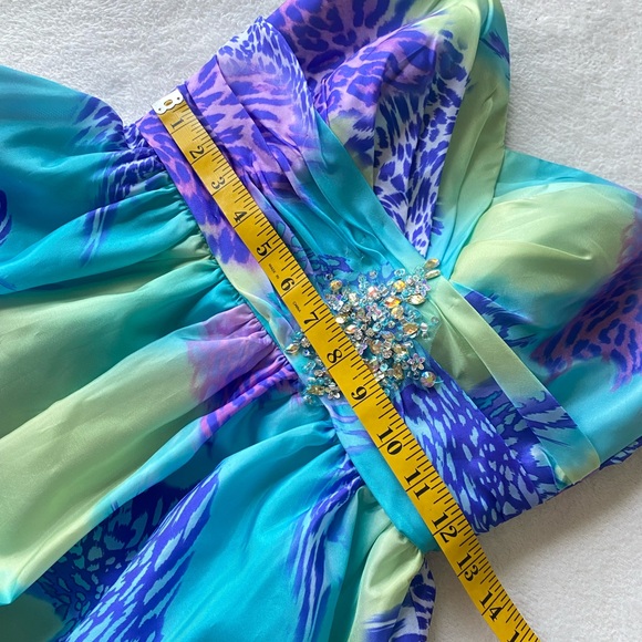 Mori Lee Sticks & Stones Teal/Purple Leopard Bubble Hem Mini Dress, size 3/4 - Picture 12 of 16